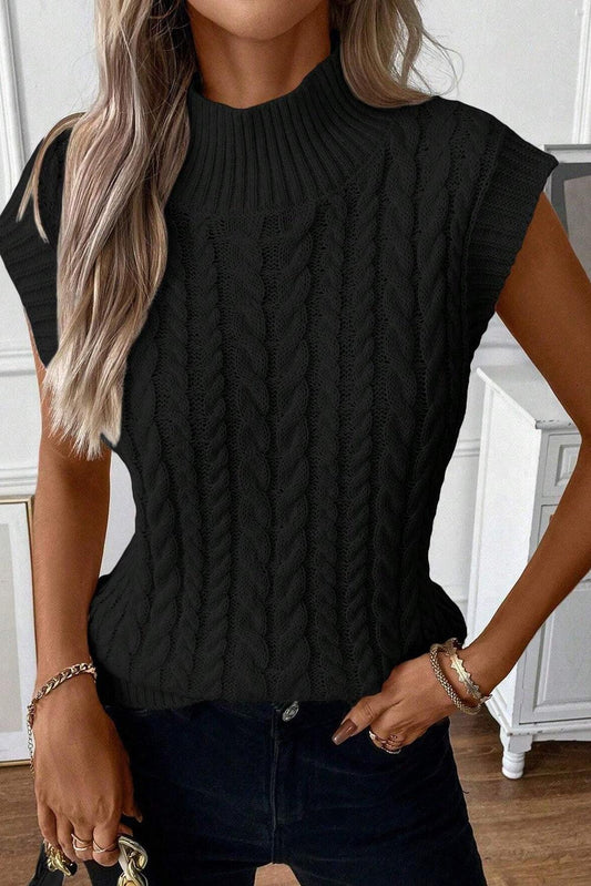 Black Ribbed Trim High Neck Cable Knit Sweater Vest