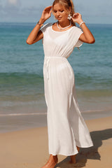 White Flowy Drawstring Side Slit Beach Cover Up Dress