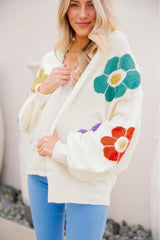 Bright White 60s Flower Jacquared Bubble Sleeve Open Cardigan
