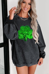 Black Sequin Embroidered Clover Corded Graphic Sweatshirt - Ninonine