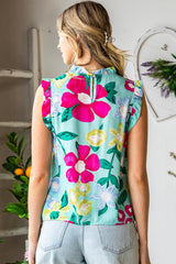 Green Floral Print Ruffle Trim Sleeveless Shirt