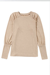 Pale Khaki Solid Ruched Raglan Sleeve Knit Top
