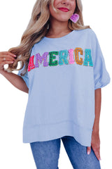 Mist Blue AMERICA Letter Patched Split Loose T Shirt