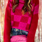 Multicolor Checkered Pattern Pompom Heart Knitted Sweater