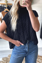 Black Solid Color Dolman Sleeve Twist Cable Knit Top