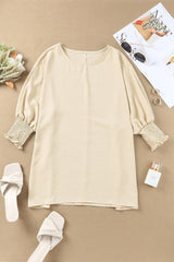 Apricot Solid Casual Smocked Cuffs Batwing Sleeve Blouse - Ninonine