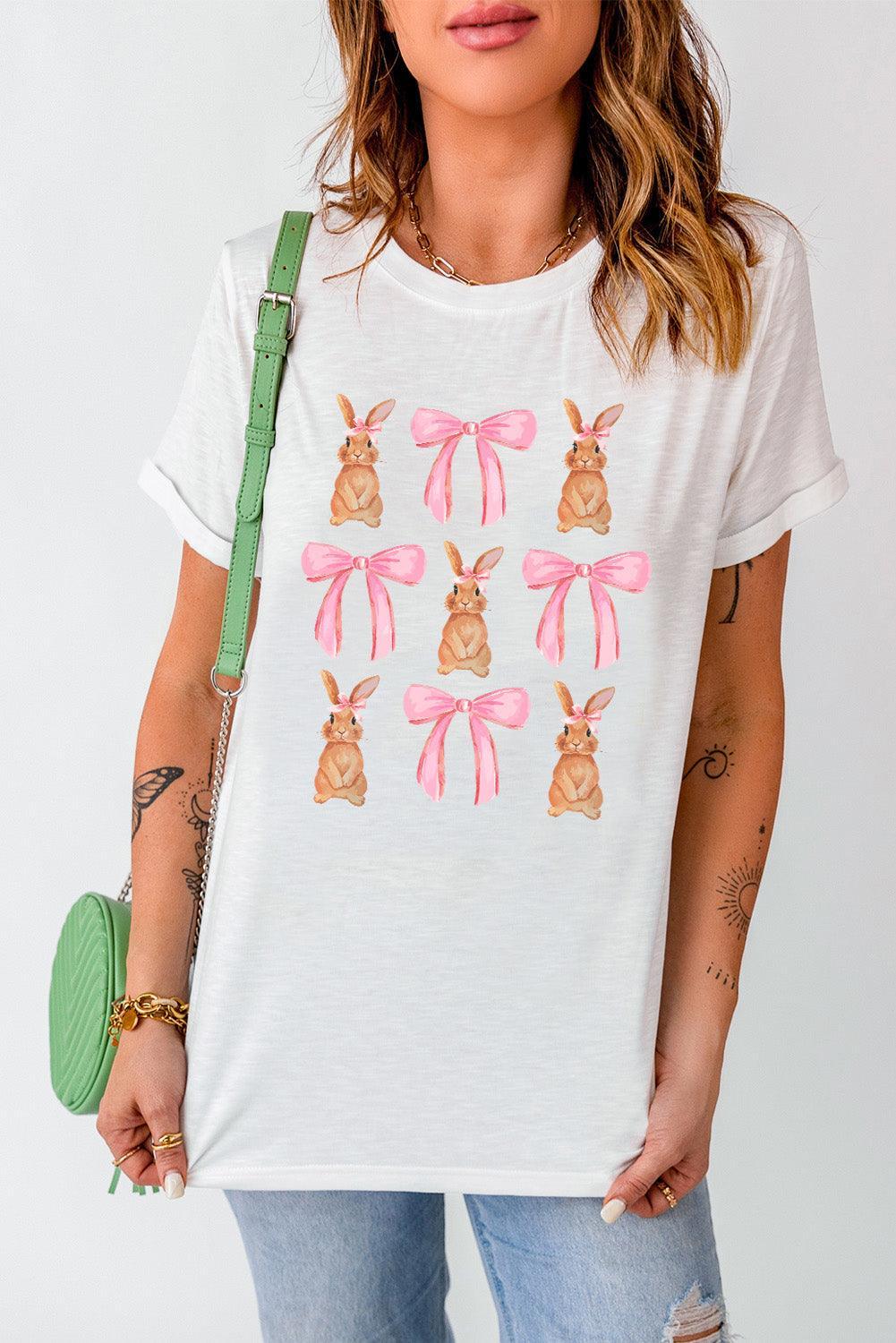 White Rabbit Bow Knot Graphic Crew Neck T Shirt - Ninonine