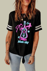 Black Music City Guitar Print Striped Sleeve Graphic T Shirt - Ninonine