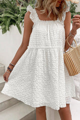 White Ruffle Straps Frill Trim Textured Vacation Dress
