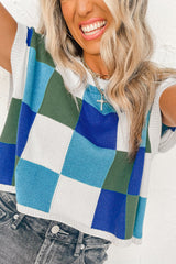 Dark Blue Checkered Color Block Cap Sleeve Knitted Top