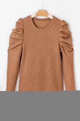 Chestnut Solid Color Textured Buttoned Gigot Sleeve Top
