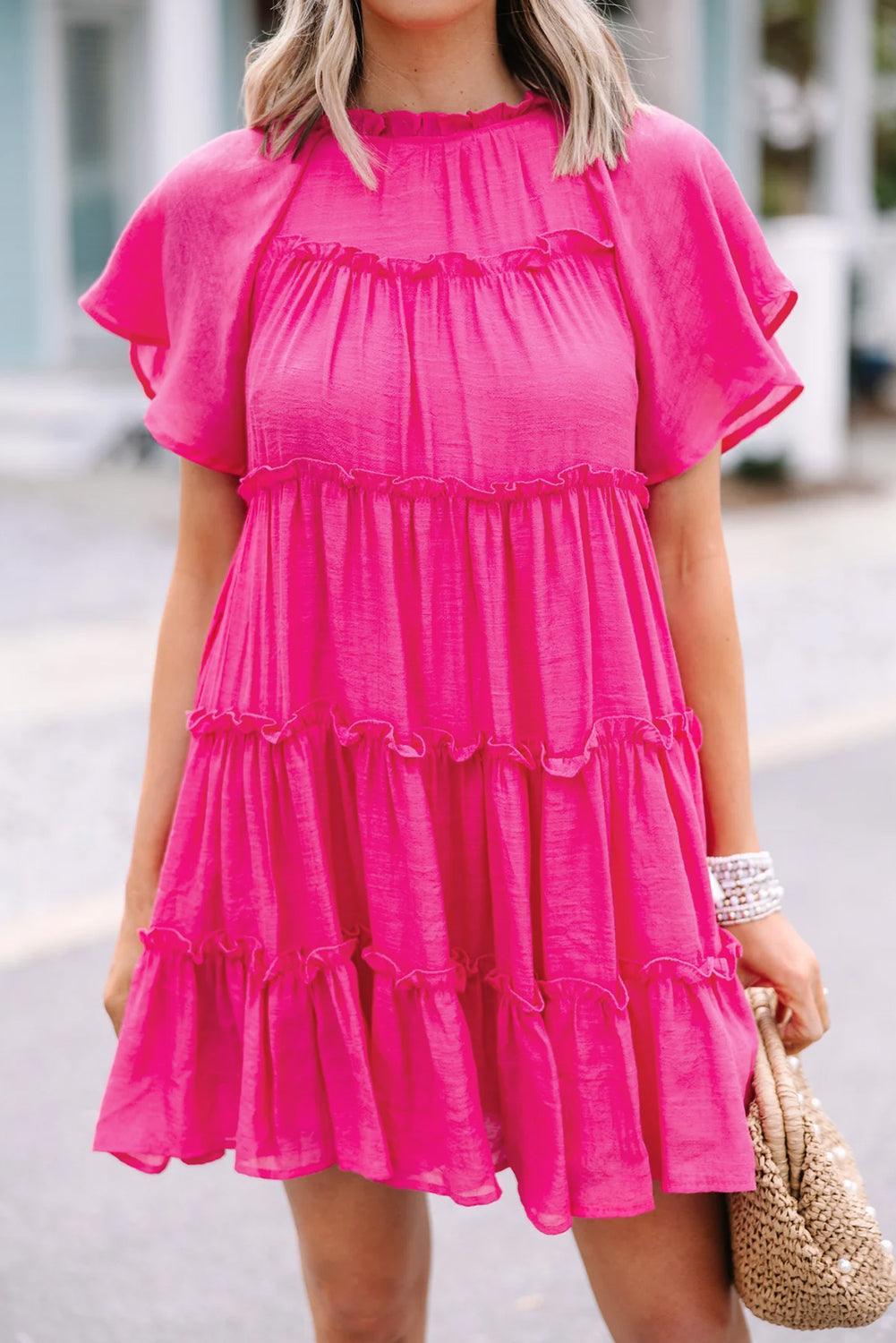Rose Red Solid Color Flounce Sleeve Frill Tiered Dress - Ninonine