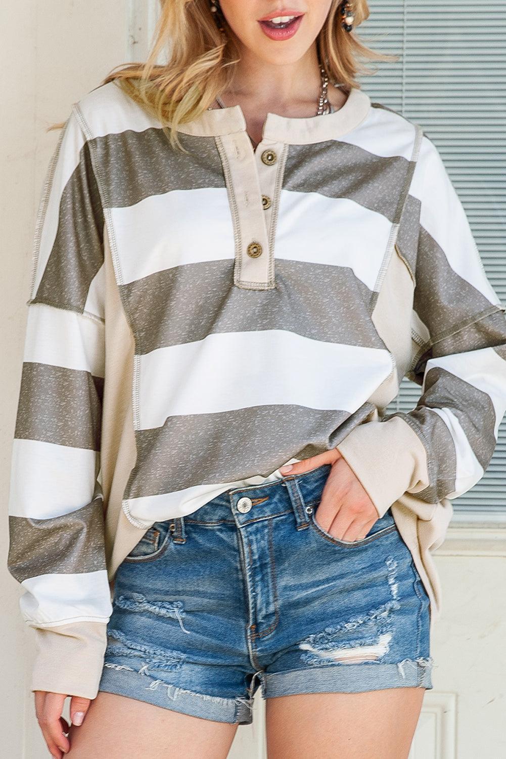Multicolor Stripes Print Exposed Seam Long Sleeve Henley Shirt - Ninonine