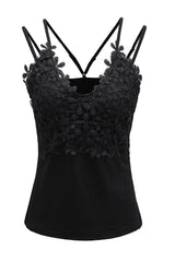 Black Casual Lace Overlay Strappy Hollow Out Camisole Top