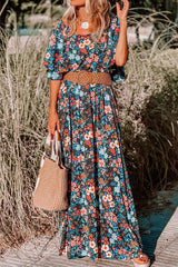 Sky Blue Boho Floral Print Knotted Backless Maxi Dress - Ninonine