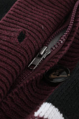 Burgundy Geometric Pocket Buttoned Front Hooded Cardigan - Ninonine