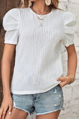 White Wave Textured Keyhole Back Puff Sleeve Top