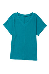 Blue Plain Crinkled V Neck Flounce Sleeve T Shirt