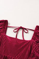 Red Square Neck Tie Back Ribbed Velvet Babydoll Dress