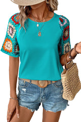 Turquoise Boho Hollowed Floral Crochet Sleeve T Shirt