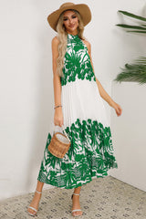 Green Color Block Tropical Printed Sleeveless Pleated Midi Dress