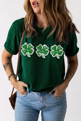 Green St Patrick Clover Patch Sequin Graphic T Shirt - Ninonine