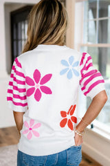 White Colorful Floral Print Striped Sleeve Knitted Tee
