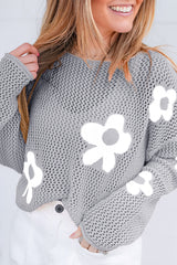 Light Grey 60s Flower Drop Shoulder Hollow Knit Top