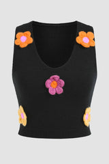 Black 3D 60s Vintage Flower Patch Cropped Knit Sleeveless Top