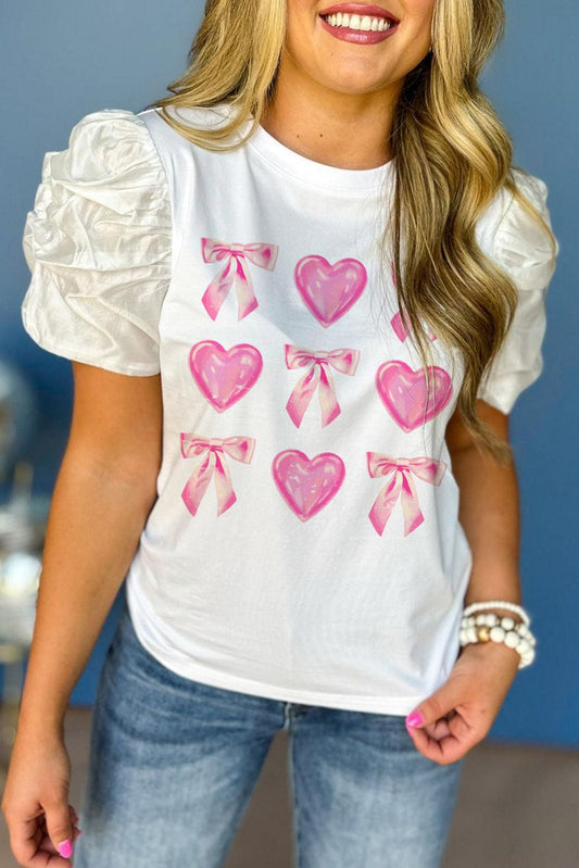 White Heart and Bowknot Graphic Contrast Bubble Sleeve Tee