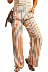 Stripe Print Shirred High Waist Straight Leg Pants
