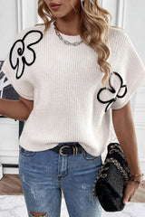 White Floral Pattern Short Batwing Sleeve Knitted Top - Ninonine
