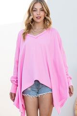 Pink Waffle Textured V-Neck Oversized Top