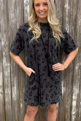 Gray Short Sleeve Casual Leopard Print Dress With Pockets - Ninonine