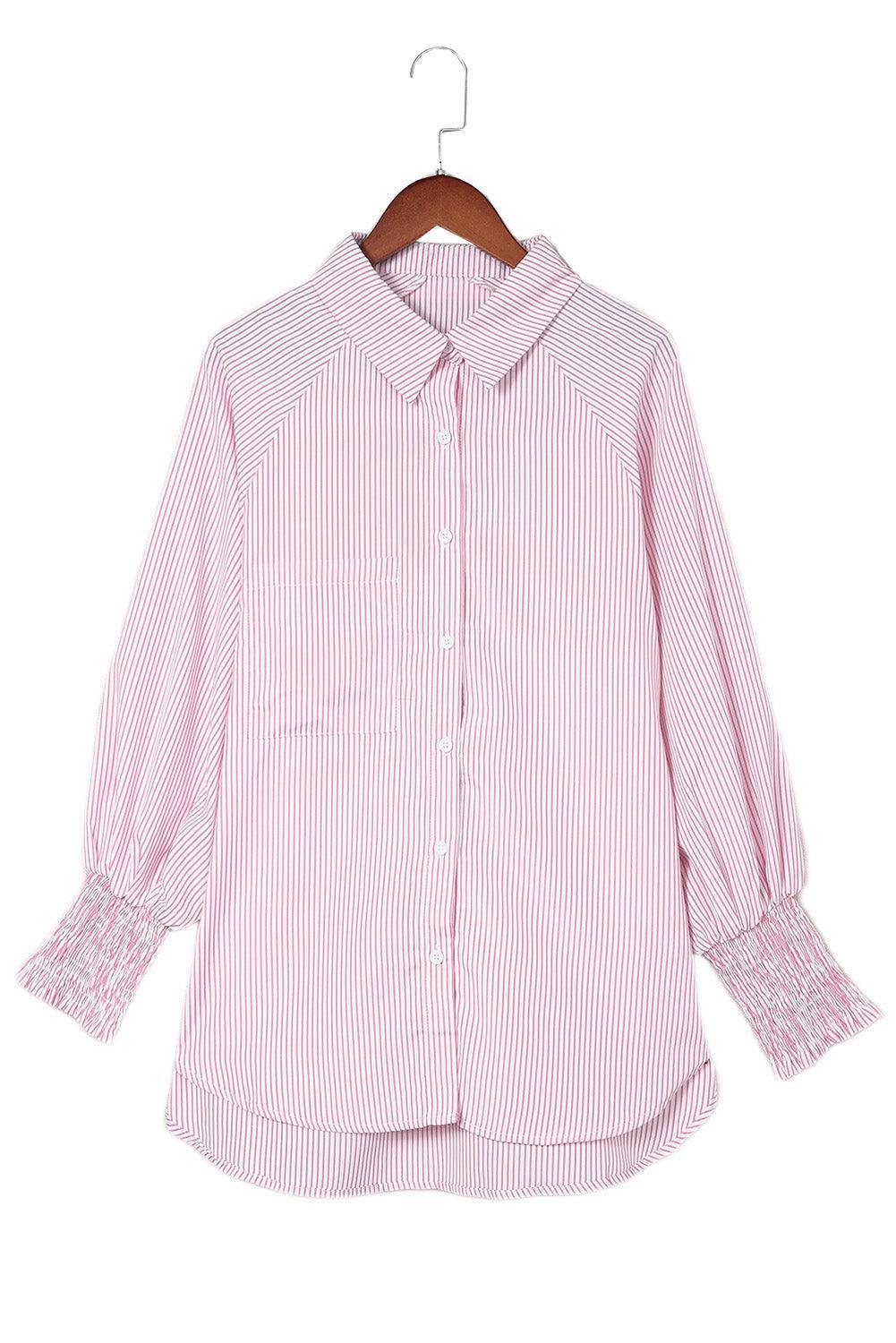 Pink Striped Casual Shirred Cuffs Shirt - Ninonine