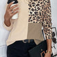 Pale Khaki Casual Waffle Knit Leopard Contrast Long Sleeve Top