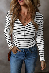 White Stripe Slim Fit Buttoned V Neck Long Sleeve Top