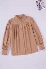 Khaki Solid Color Casual Button Up Puff Sleeve Pleated Shirt