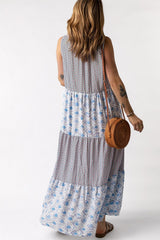 Light Blue Patchwork Sleeveless V Neck Summer Tiered Dress