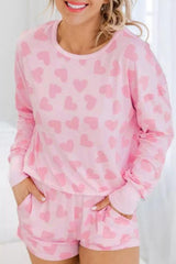 Pink Heart Print Long Sleeve Top and Shorts Loungewear Set - Ninonine