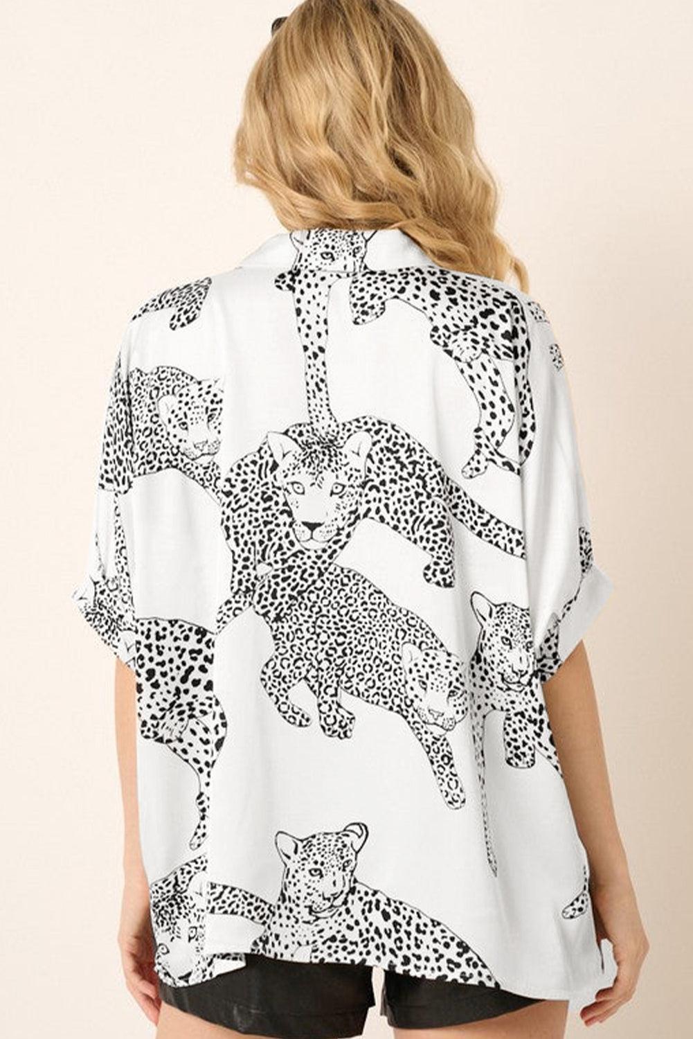 Beige Cheetah Print Buttoned Half Sleeve Shirt - Ninonine