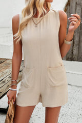 Beige Casual Solid Color Pocketed Sleeveless Romper