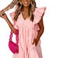 Pink Ruffle Short Sleeve V Neck Pocket Short Babydoll Dress
