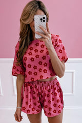 Rose Floral Print Crop Tee and Slits Shorts Pajama Set