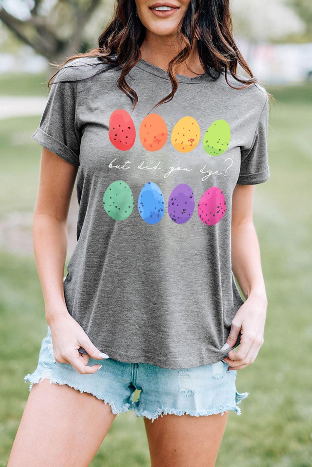 Gray Easter Eggs Print Graphic Crew Neck T Shirt - Ninonine
