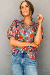 Red Boho Floral Tie Split Neck Ruffle Puff Sleeve Blouse