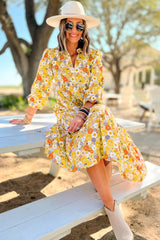 Yellow Boho Floral Collared Long Sleeve Dress