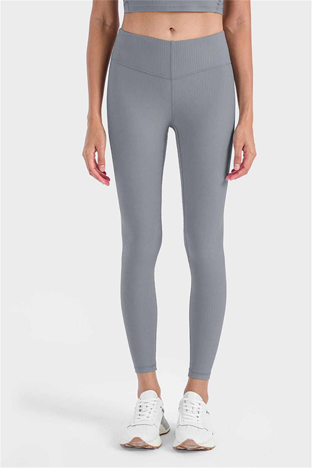 Medium Grey Wide Waistband Ribbed Skinny Yoga Pants