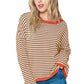 Brown Striped Colorblock Trim Knit Pullover Sweater
