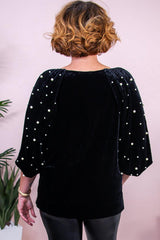 Black Pearl Embellished Puff Sleeve Velvet Plus Size Top - Ninonine